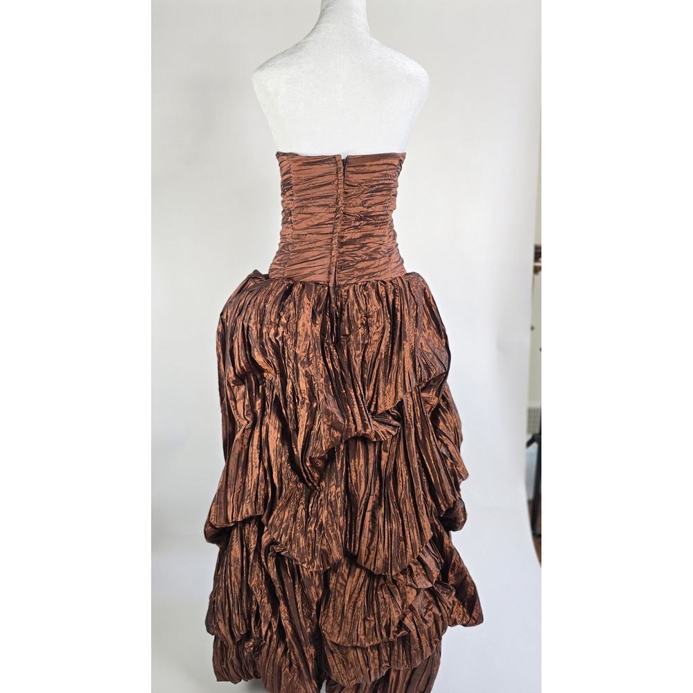 Vintage Bronze Metallic Strapless Tiered Ruffle Floral Formal Ballgown Gown - Picture 10 of 12
